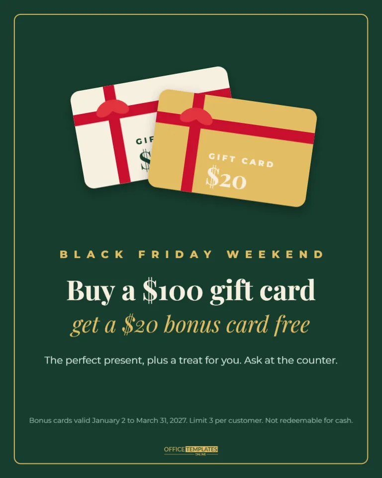 Black Friday Gift Card Bonus Sign, Buy $100 Get $20 Free (8 x 10)