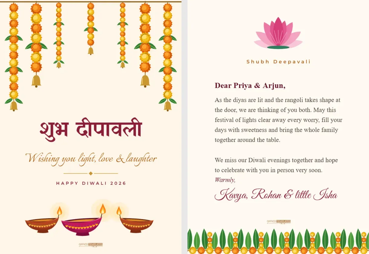 Diwali Card with Inside Message Template, Marigold Garland Design – free editable Diwali template