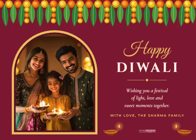 Diwali Family Photo Card Template with Arch Window and Toran – free editable Diwali template