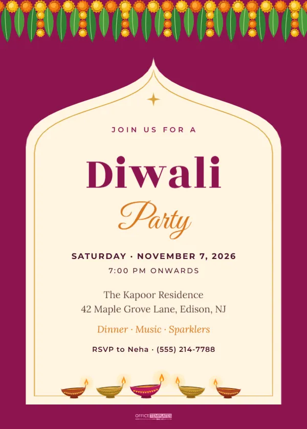 Diwali Party Invitation Template with Marigold Toran and Diyas – free editable Diwali template
