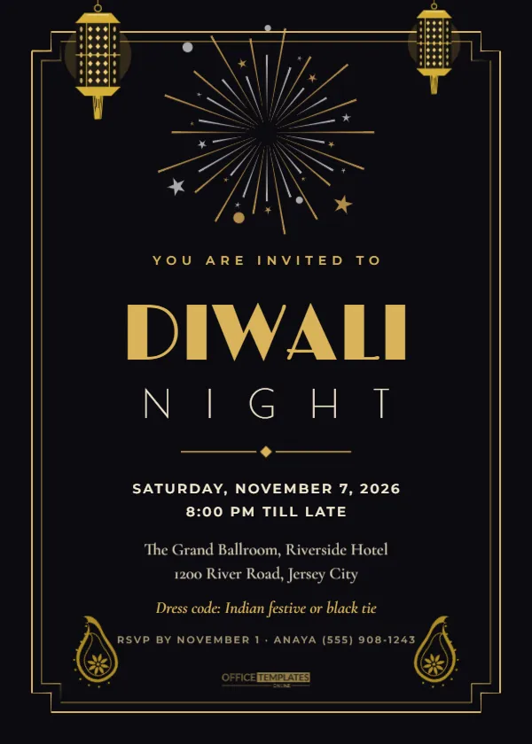 Diwali Night Party Invitation Template in Black and Gold – free editable Diwali template