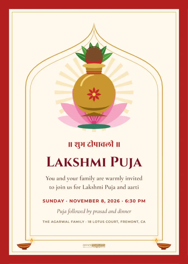 Lakshmi Puja Invitation Template with Kalash and Lotus