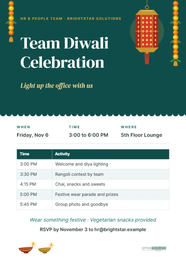 Office Diwali Celebration Invitation Template with Agenda Table – free editable Diwali template