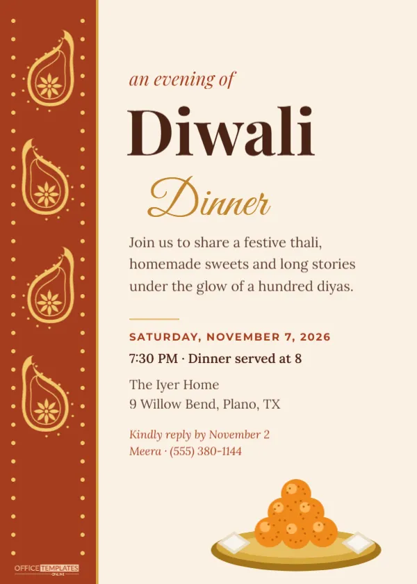 Diwali Dinner Invitation Template with Paisley Border and Mithai – free editable Diwali template