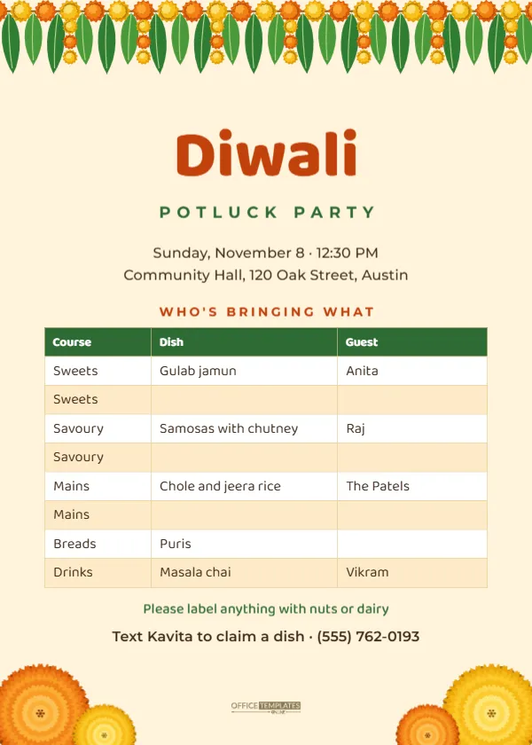 Diwali Potluck Invitation Template with Dish Sign Up Table