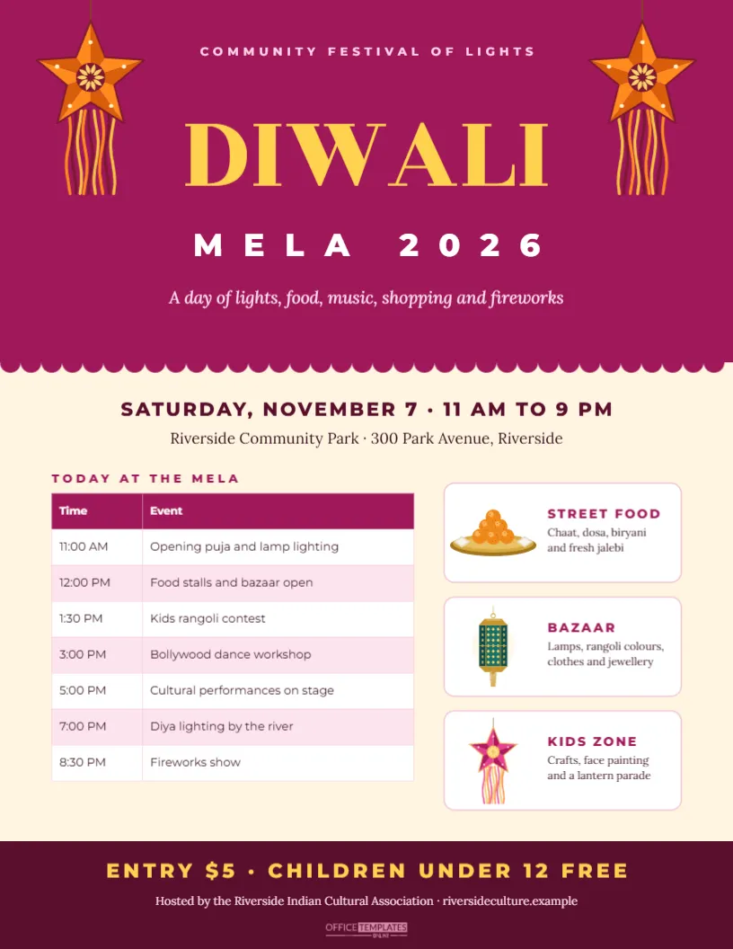 Diwali Mela Community Fair Flyer Template with Event Schedule – free editable Diwali template