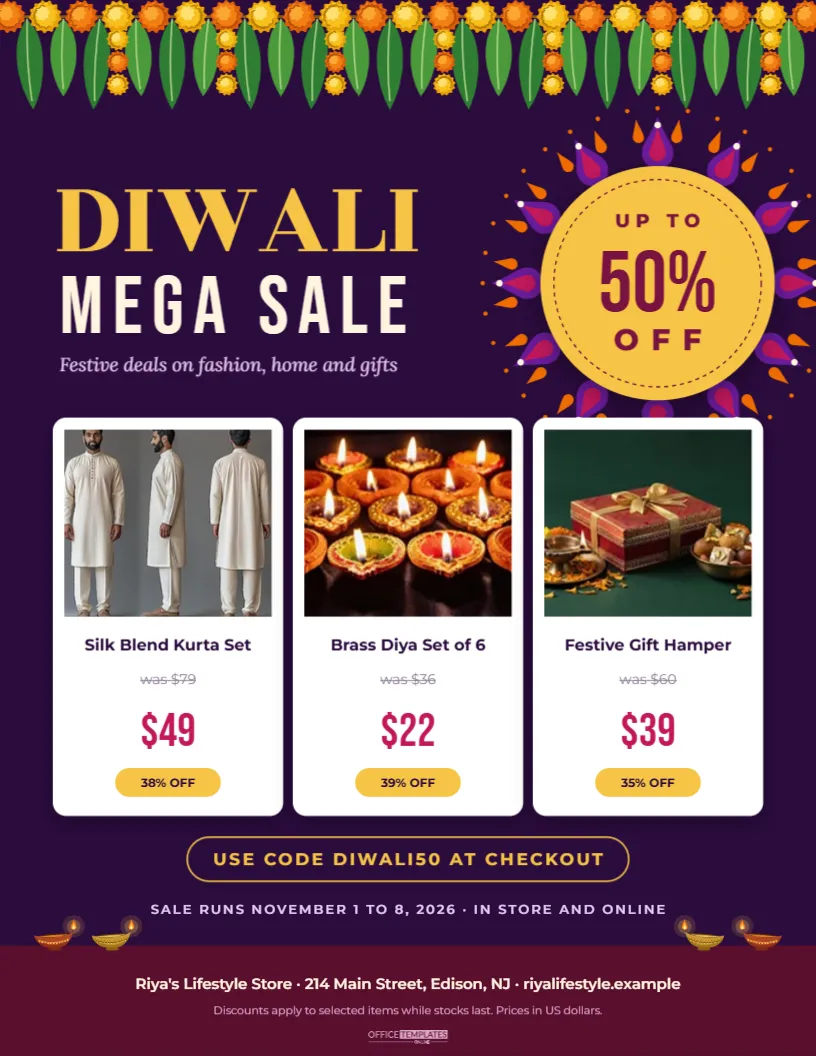 Diwali Mega Sale Flyer Template with Product Photos and Prices – free editable Diwali template