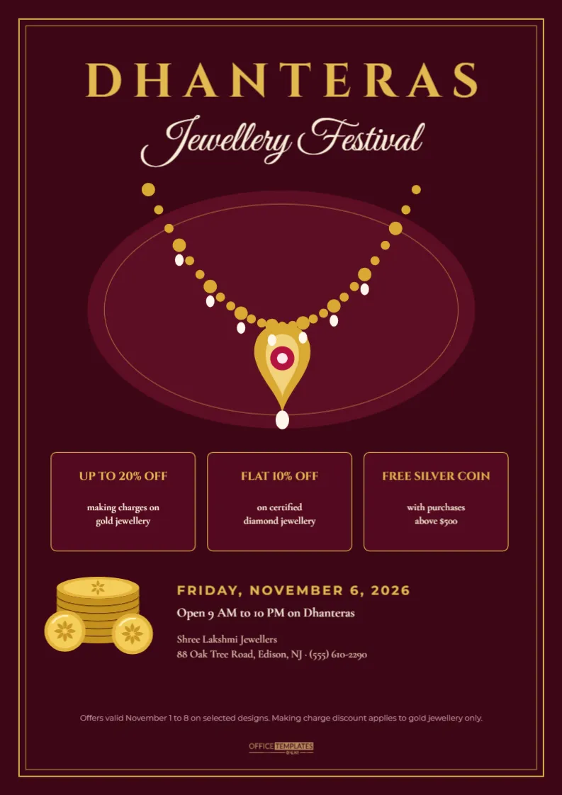Dhanteras Jewellery Sale Poster Template with Gold Necklace – free editable Diwali template