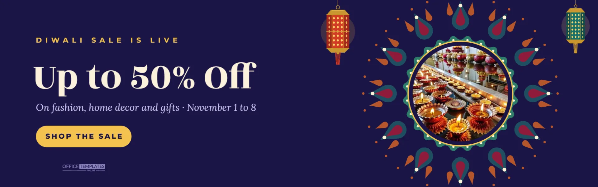 Diwali Sale Website Banner Template (1920 x 600 px) – free editable Diwali template