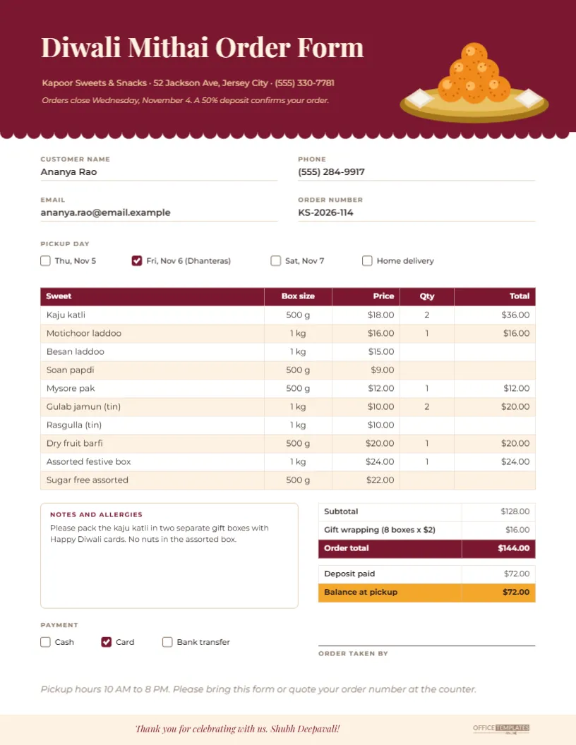 Diwali Mithai Order Form Template for Sweet Shops – free editable Diwali template