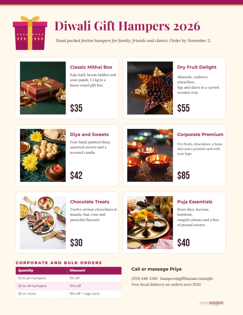 Diwali Gift Hamper Price List Template with Product Photos – free editable Diwali template