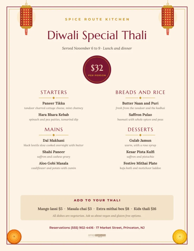 Diwali Restaurant Special Thali Menu Template – free editable Diwali template