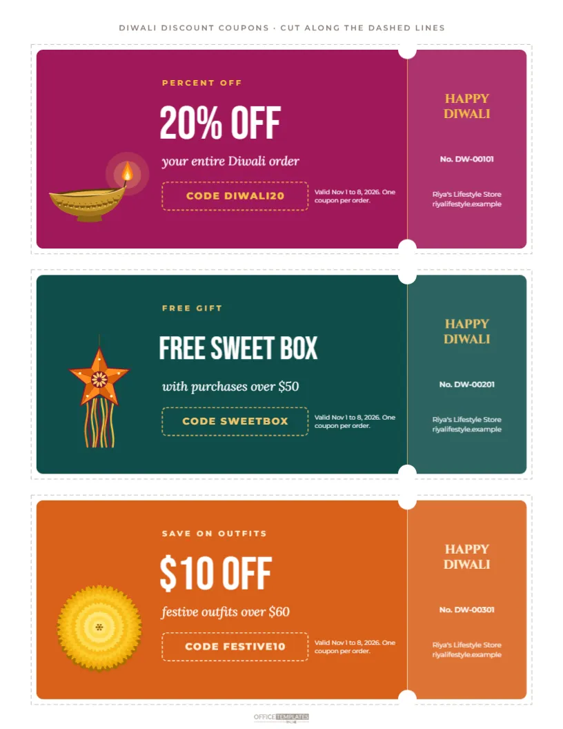 Diwali Discount Coupons Template, Three Per Page – free editable Diwali template