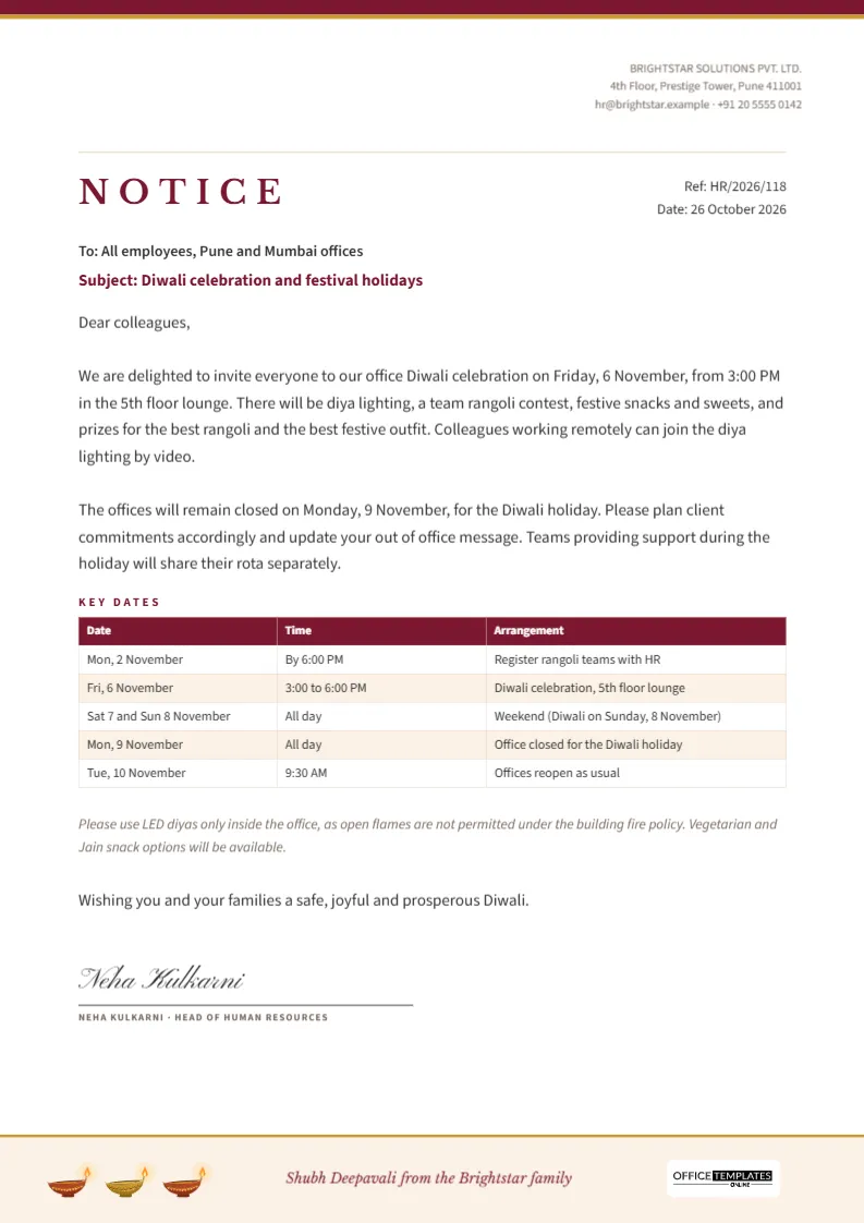 Office Diwali Celebration Notice Template for Employees (A4) – free editable Diwali template