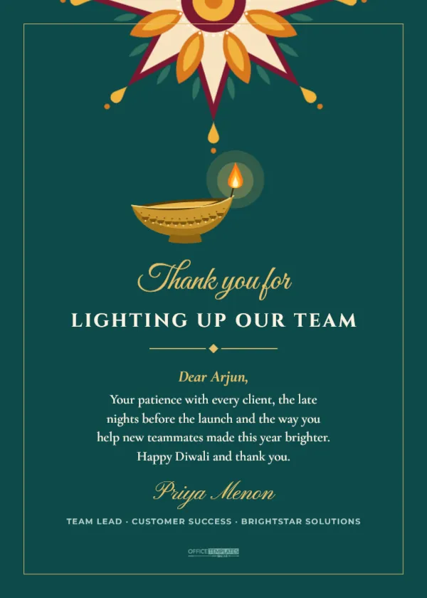 Diwali Employee Appreciation Card Template for Managers and Teams – free editable Diwali template