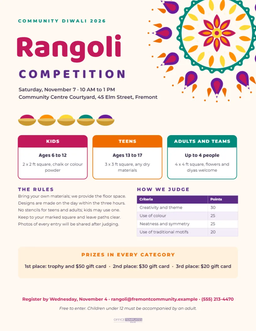 Rangoli Competition Flyer Template with Categories, Rules and Prizes – free editable Diwali template
