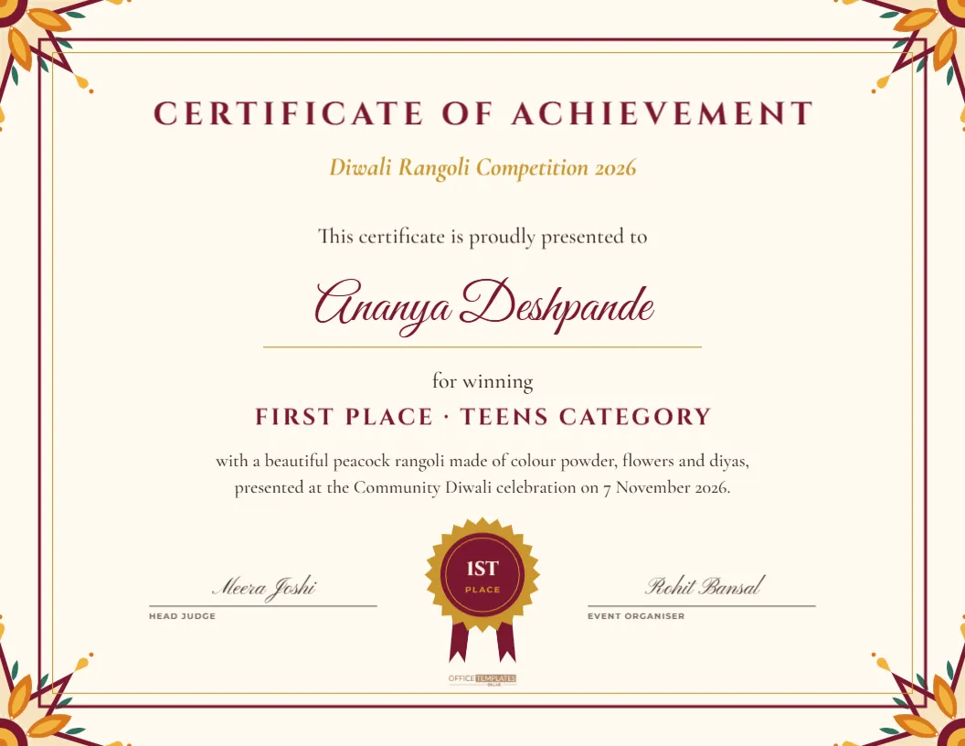 Rangoli Competition Winner Certificate Template – free editable Diwali template
