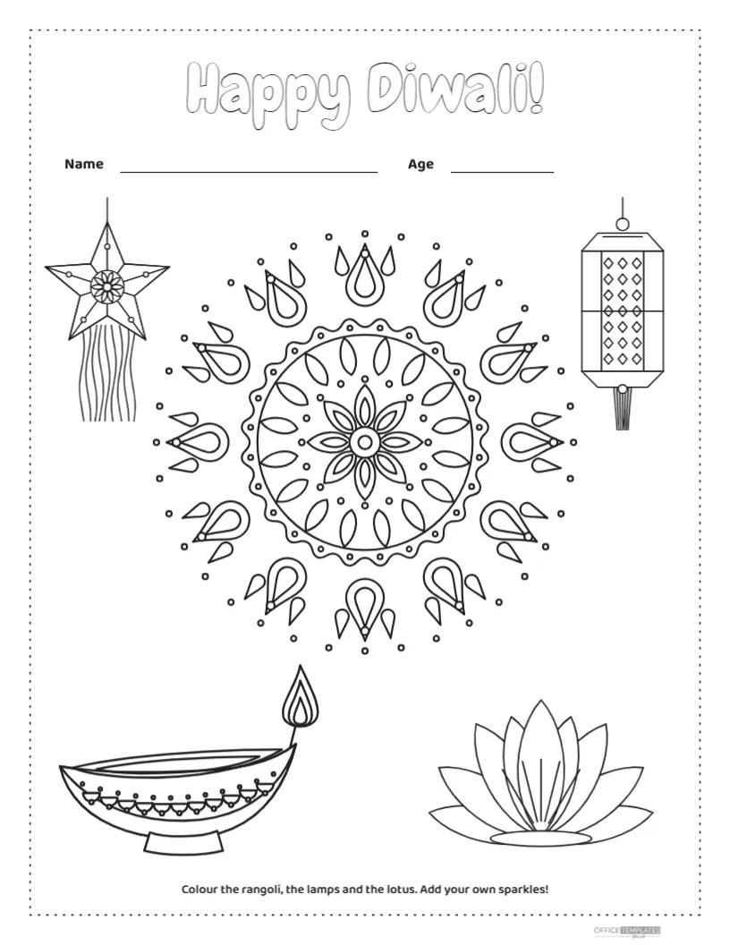 Diwali Colouring Page for Kids with Rangoli, Diya and Lanterns – free editable Diwali template