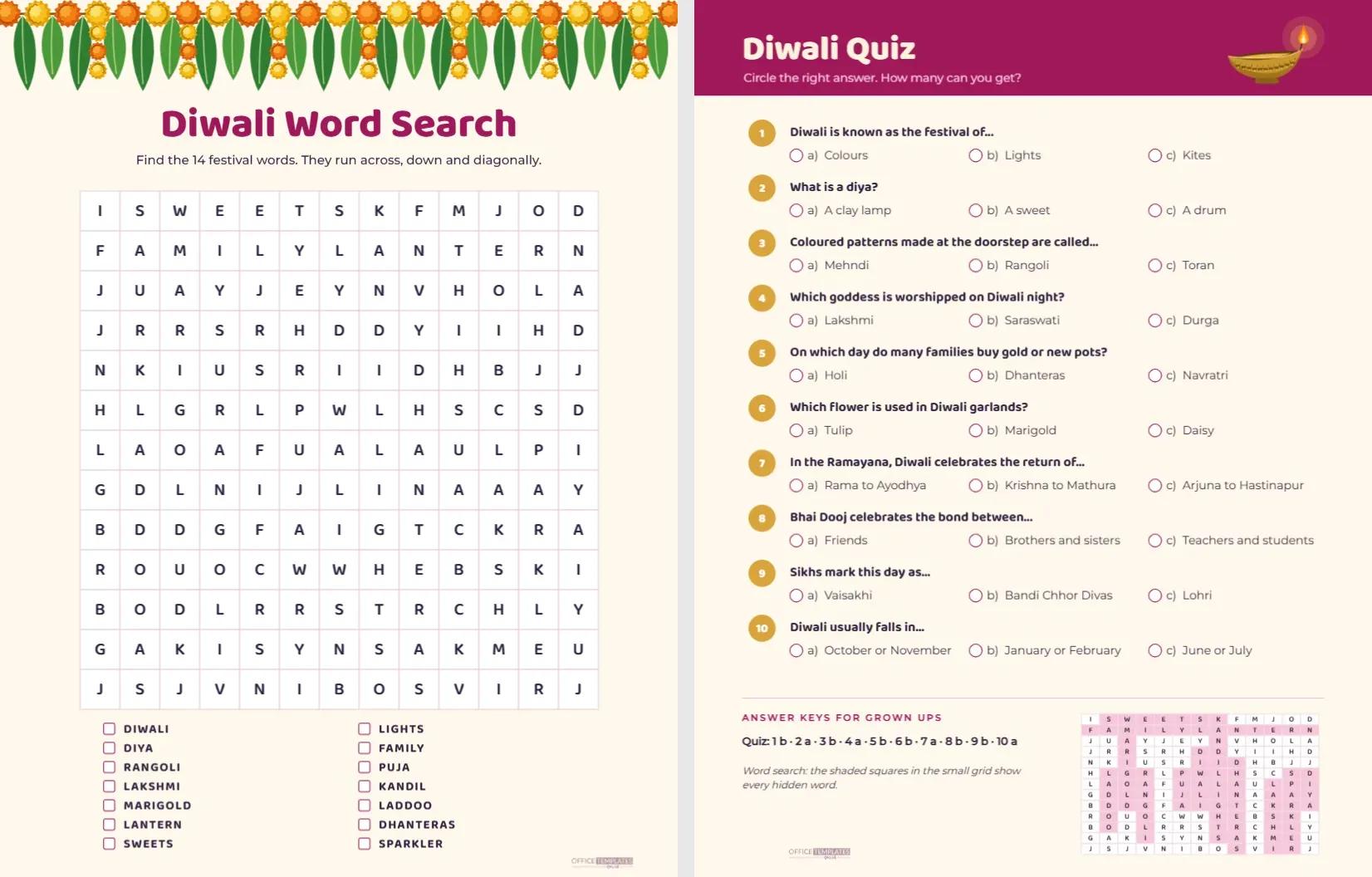 Diwali Word Search and Quiz Printable for Kids (2 Pages) – free editable Diwali template