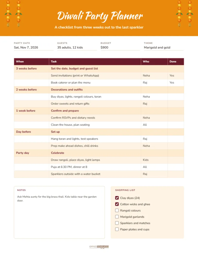 Diwali Party Planner Checklist Template with Task Timeline – free editable Diwali template