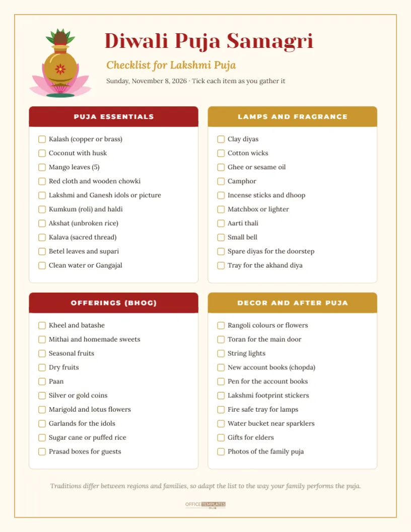 Diwali Puja Samagri Checklist for Lakshmi Puja – free editable Diwali template