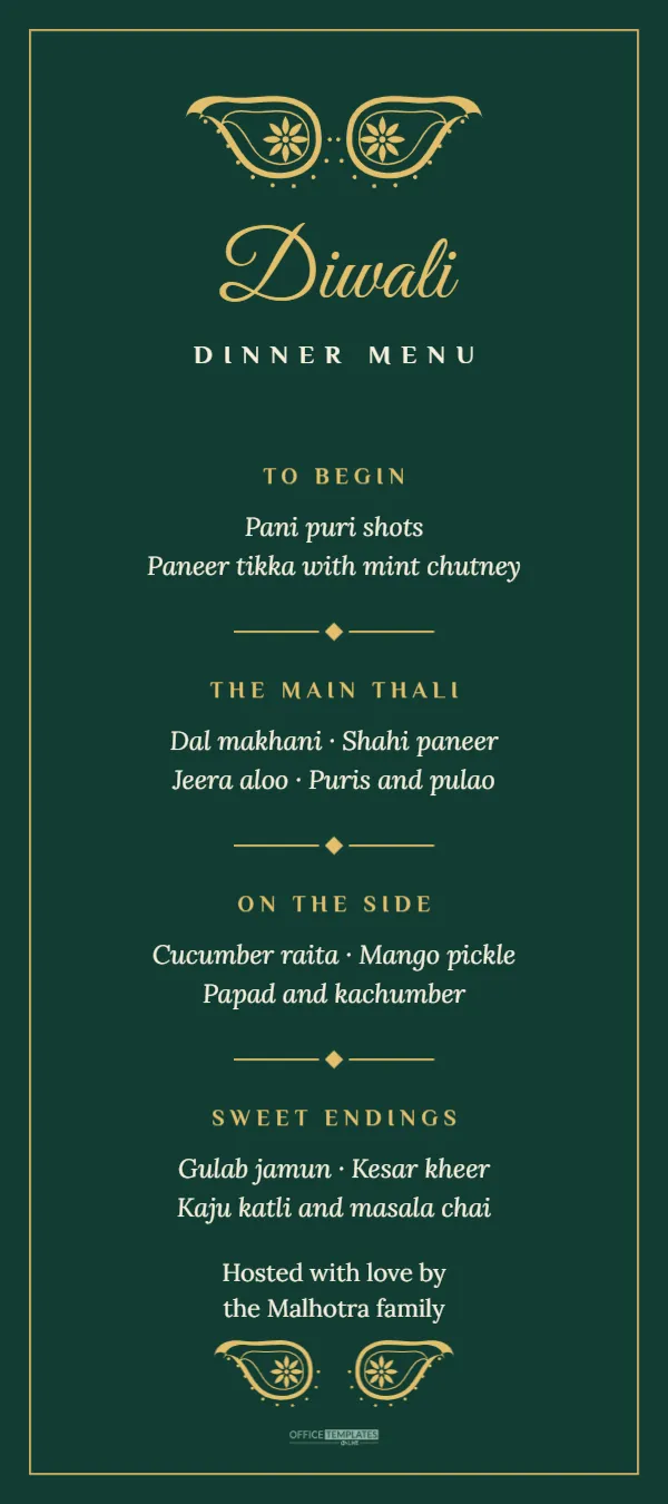 Diwali Party Menu Card Template, Emerald and Gold – free editable Diwali template