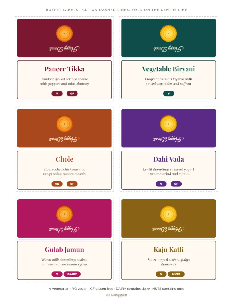Diwali Buffet Food Labels, Printable Tent Cards with Diet Tags – free editable Diwali template