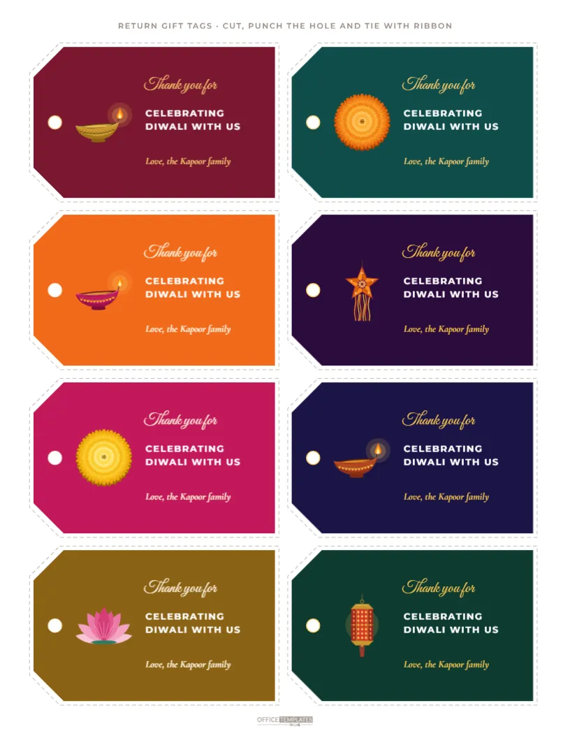 Diwali Return Gift Thank You Tags, Printable Sheet of Eight – free editable Diwali template