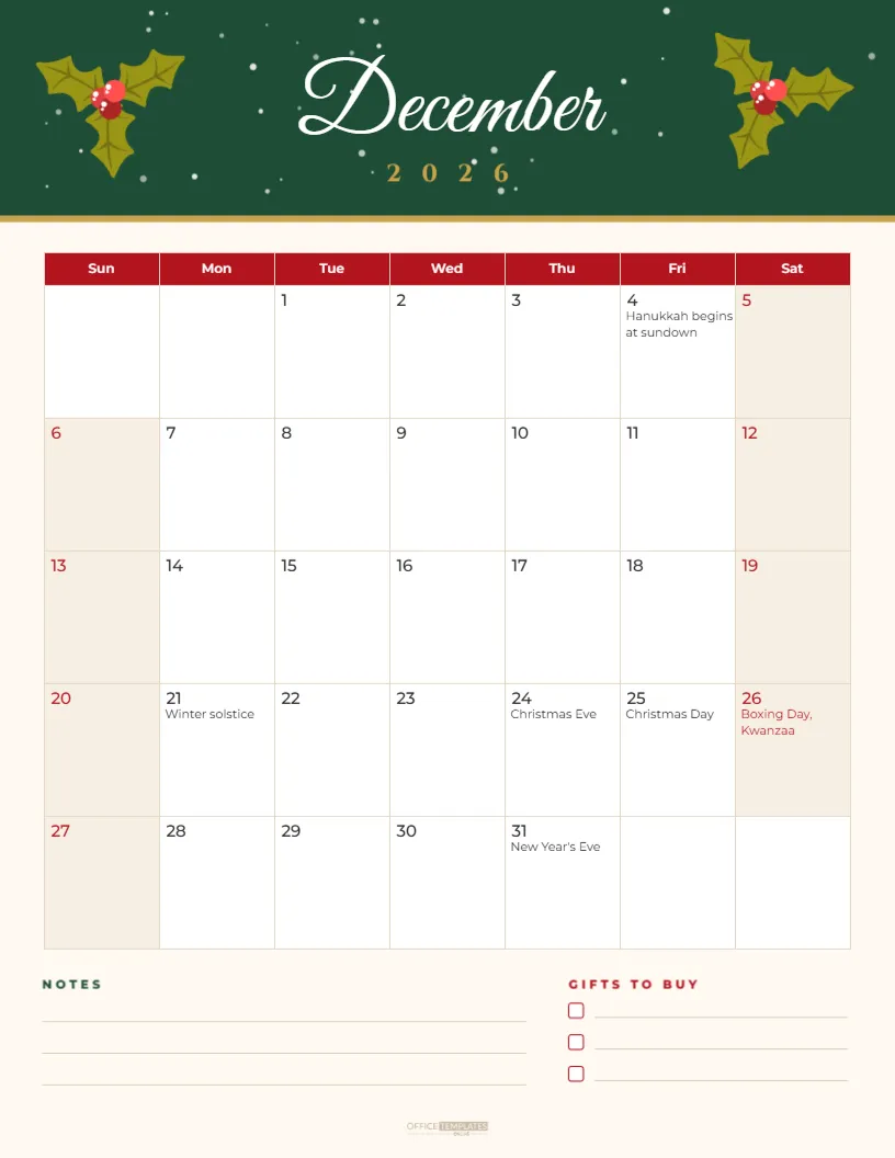 December 2026 Calendar Printable with Holidays and Holly Header – free editable Calendar template