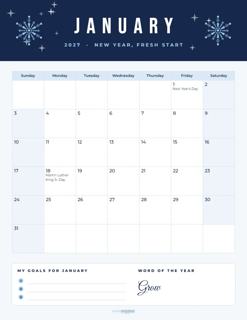 January 2027 Calendar Printable with Goals and Word of the Year – free editable Calendar template