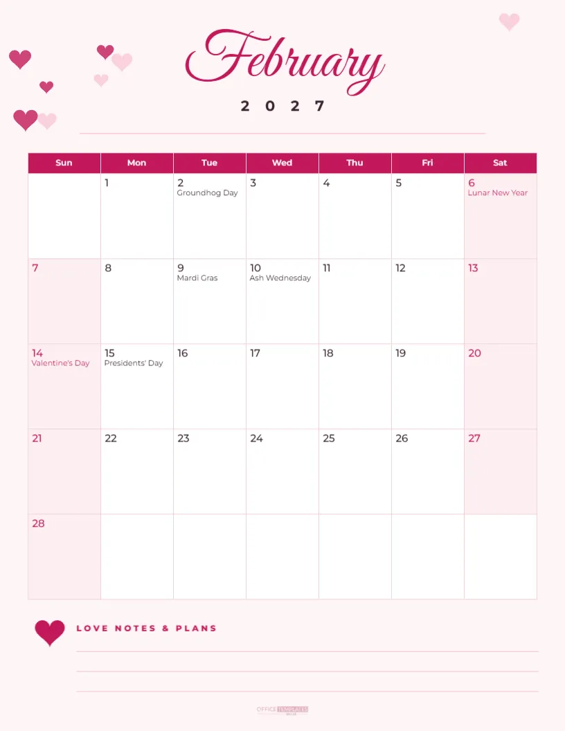 February 2027 Calendar Printable with Hearts and Holiday Notes – free editable Calendar template