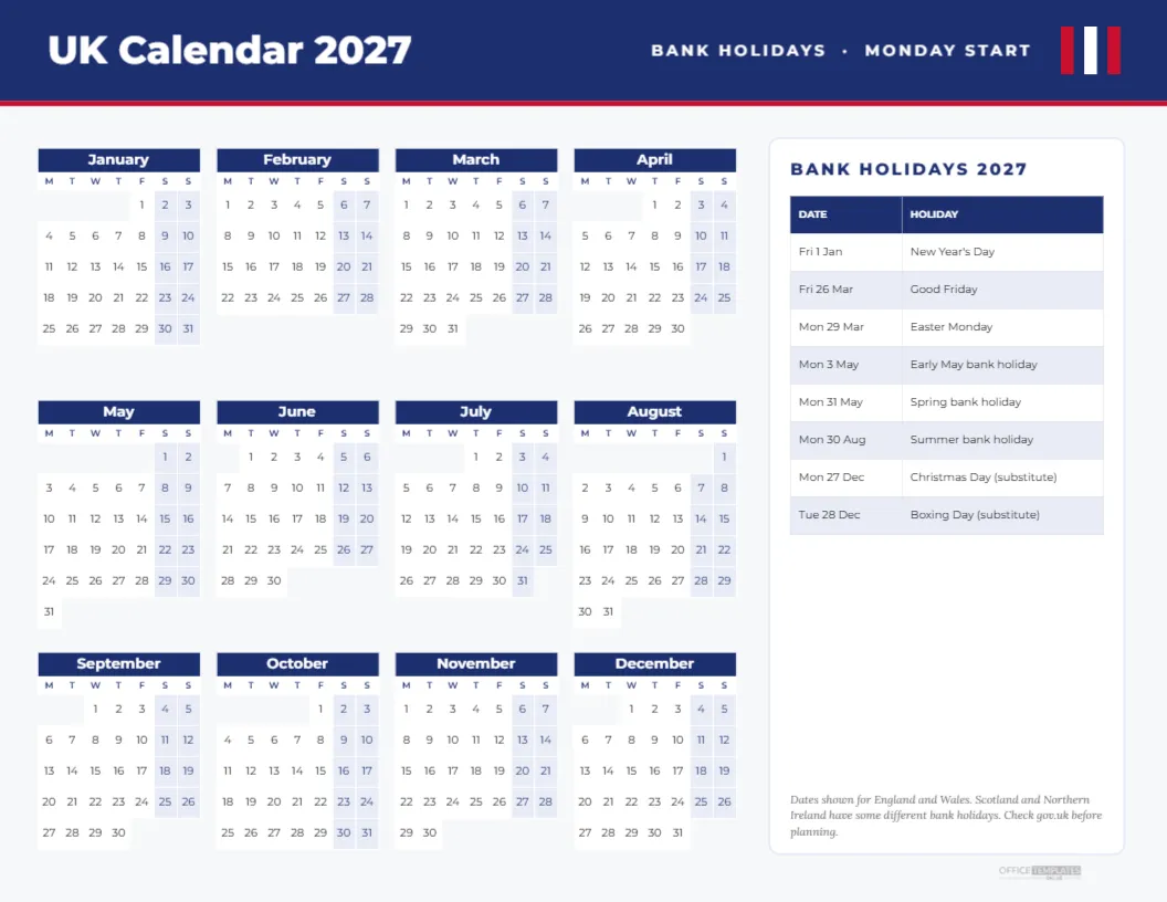 UK Calendar 2027 with Bank Holidays, Monday Start, One Page – free editable Calendar template