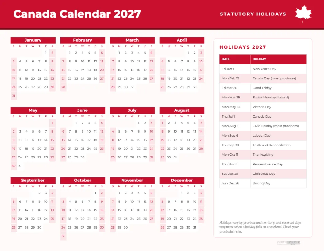 Canada Calendar 2027 with Statutory Holidays on One Page – free editable Calendar template