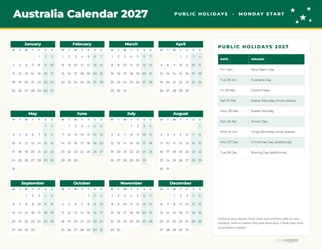Australia Calendar 2027 with Public Holidays, Monday Start – free editable Calendar template