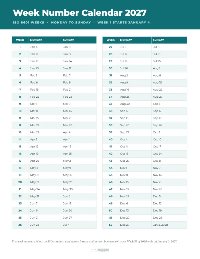 Week Number Calendar 2027 with ISO Weeks, Monday to Sunday – free editable Calendar template