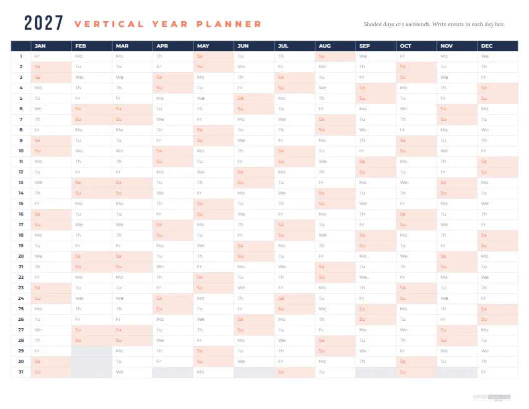 Vertical Year Planner 2027 with Months in Columns and Weekends Shaded – free editable Calendar template
