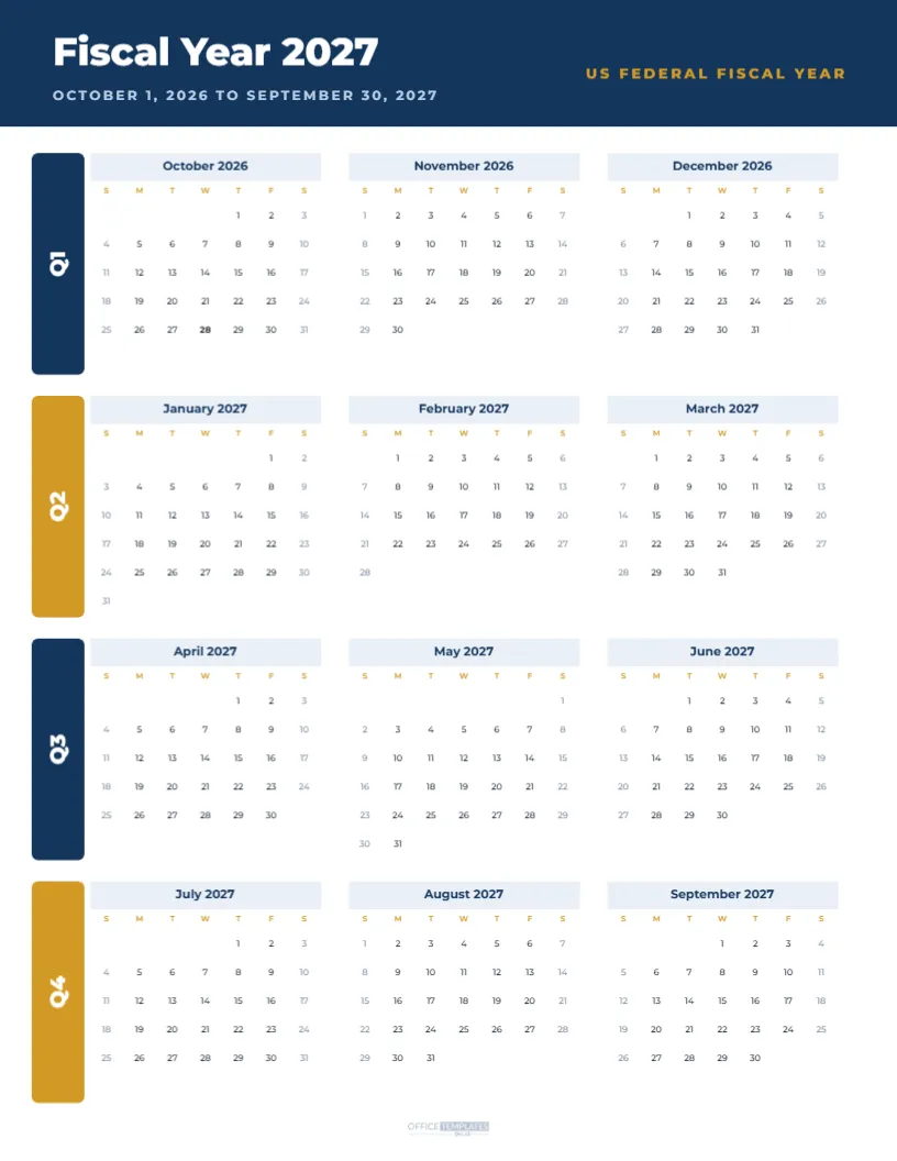 Fiscal Year Calendar 2027, October 2026 to September 2027 by Quarter