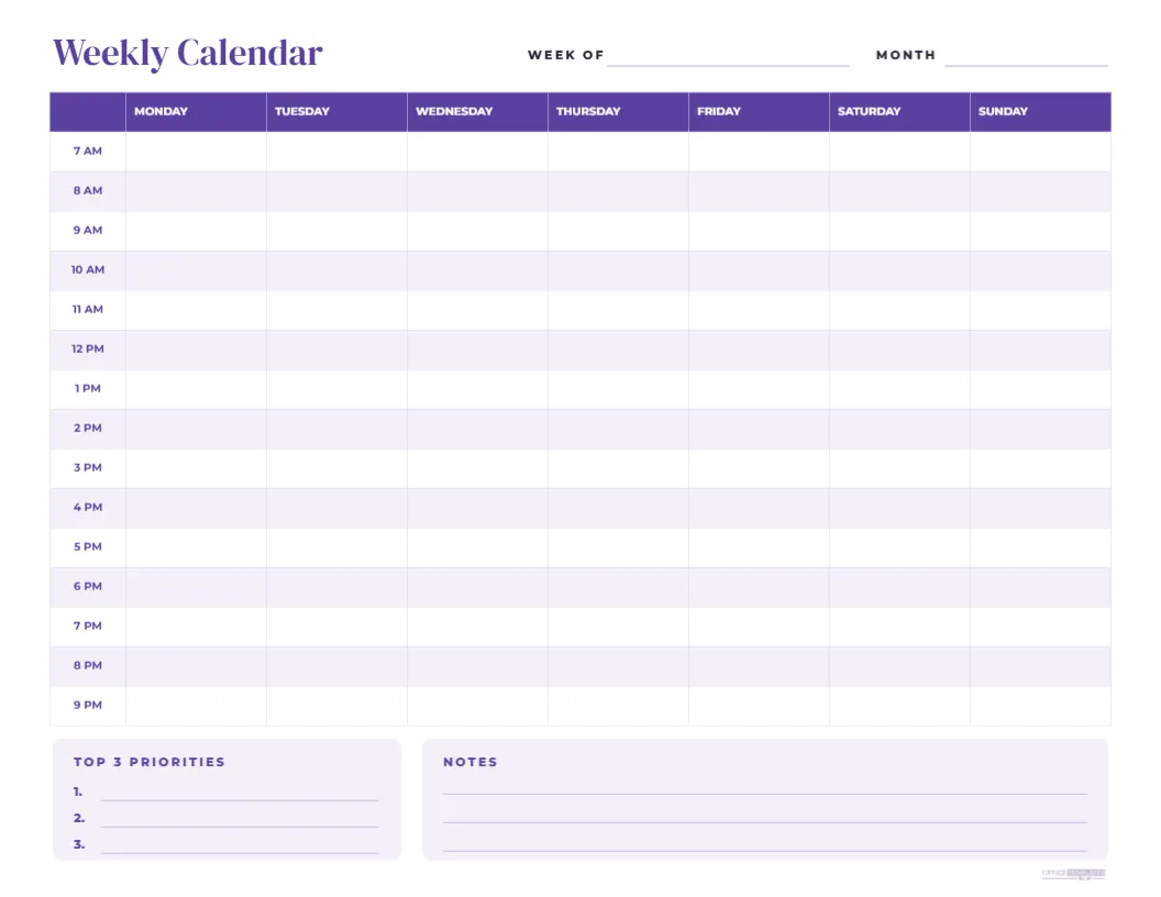 Weekly Hourly Calendar Template, Monday to Sunday, 7 AM to 9 PM