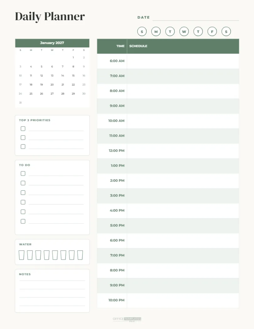Daily Hourly Planner Calendar with Priorities, To Do and Water Tracker