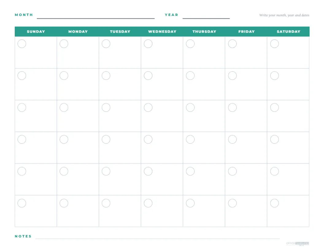 Blank Undated Monthly Calendar Template with Write In Dates