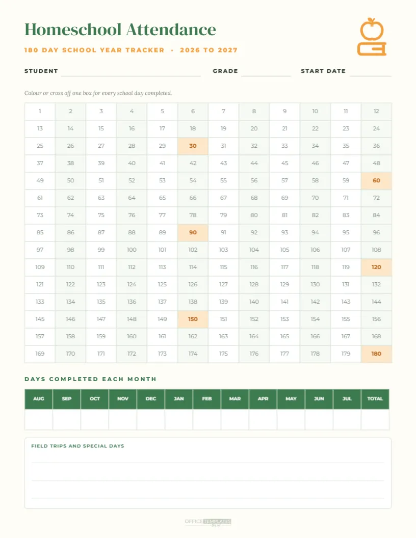 Homeschool Attendance Calendar, 180 Day School Year Tracker
