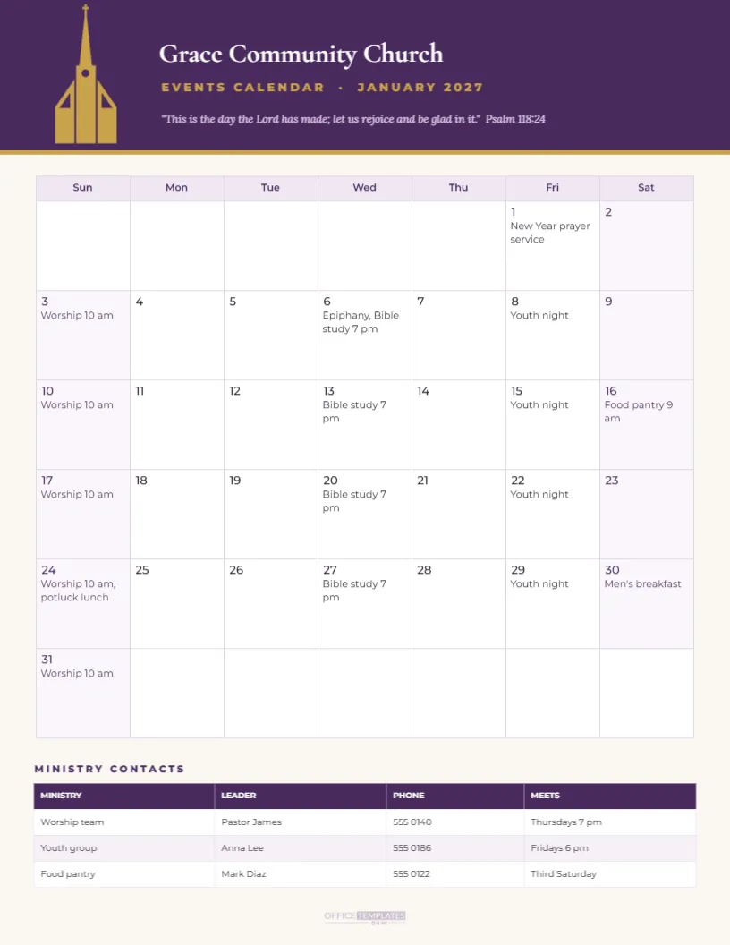 Church Events Calendar 2027 with Weekly Services and Ministry Contacts