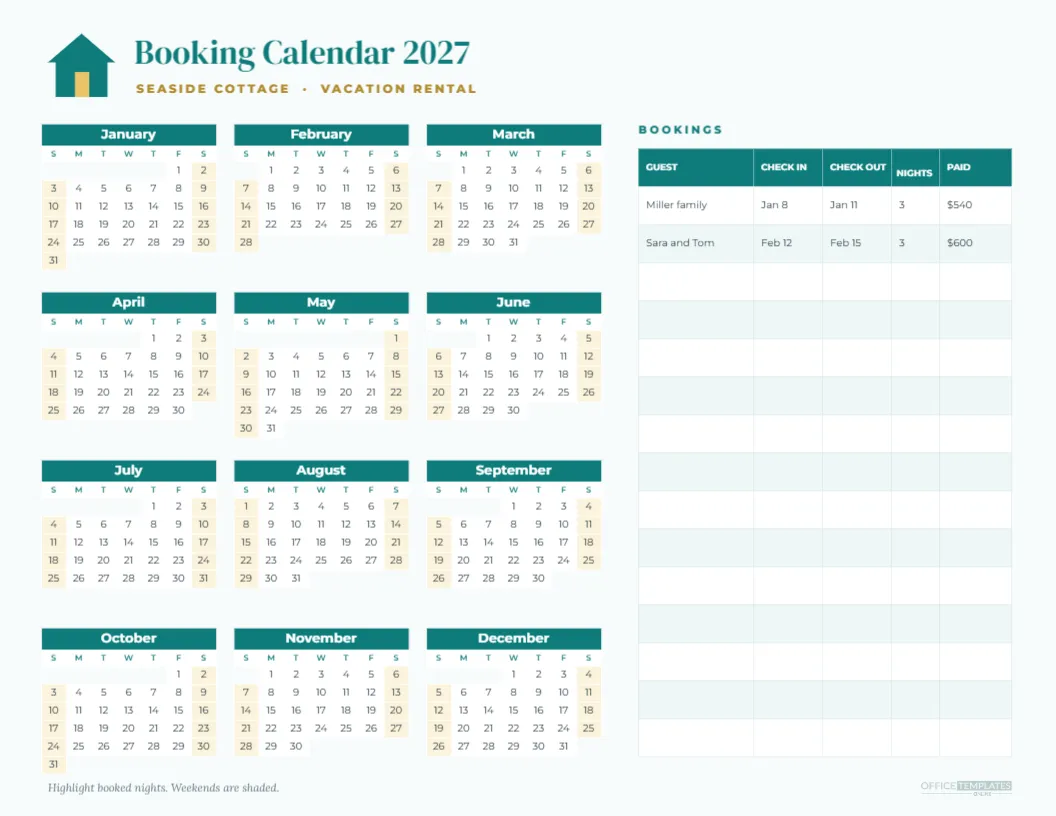 Vacation Rental Booking Calendar 2027 with Year View and Booking Log
