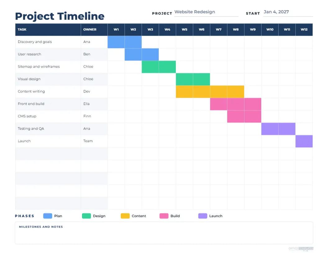 Project Timeline Calendar Template, 12 Week Gantt Style Planner