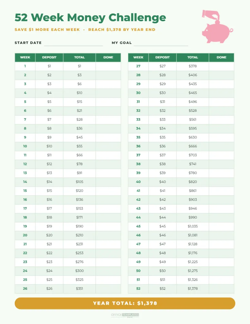 52 Week Money Challenge Calendar to Save $1,378 in a Year